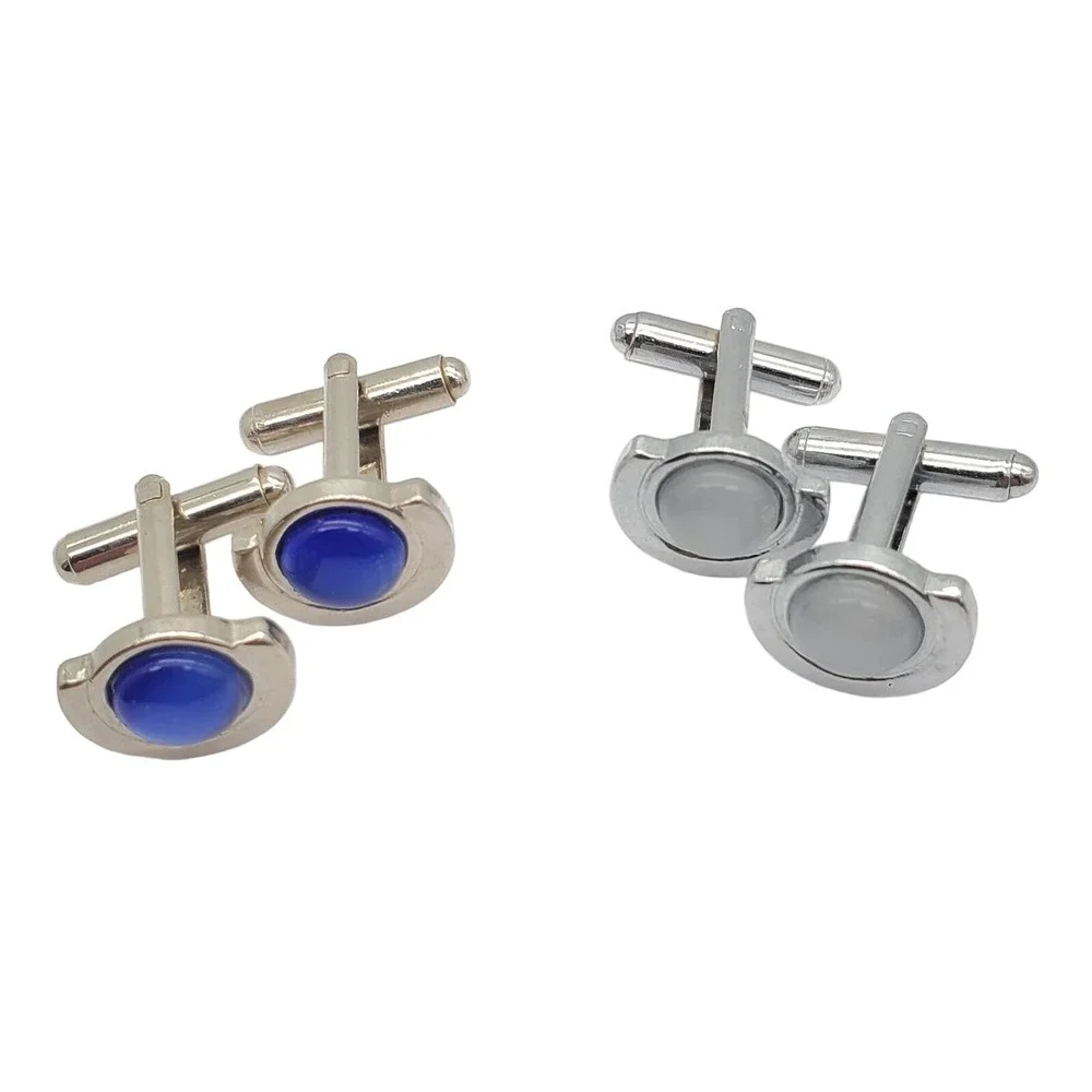 Faux Moonstone Silver Tone Cufflinks Blue Deco Style Suit Accessory Vintage Pair